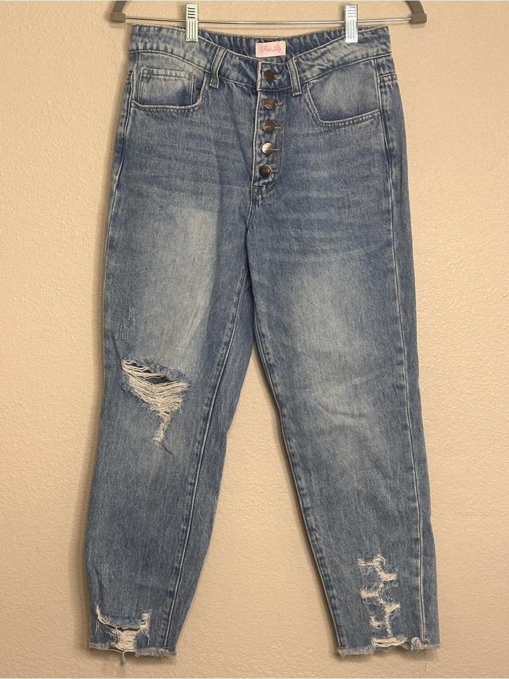 Pink Lily Distressed Mom Jeans Size 5 Button Fly High Rise 100% Cotton Denim